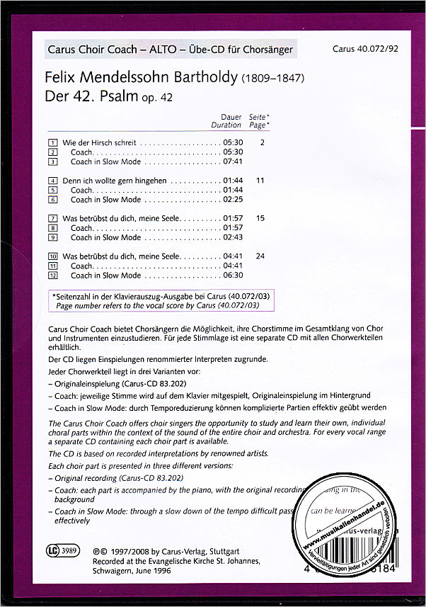 Notenbild für CARUS 40072-92 - PSALM 42 - WIE DER HIRSCH SCHREIT NACH FRISCHEM WASSER OP 42