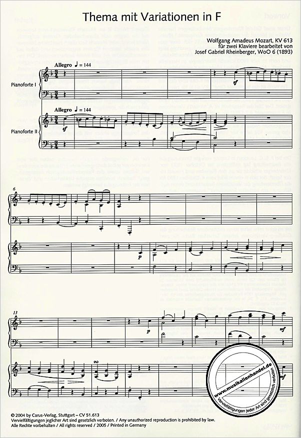 Notenbild für CARUS 51613 - Variationen in F F-Dur KV 613 (1893 (arr)) über das Lied 
