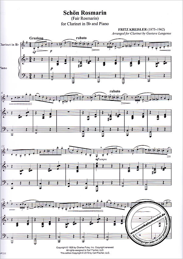 Notenbild für CF -WF235 - Kreisler for clarinet