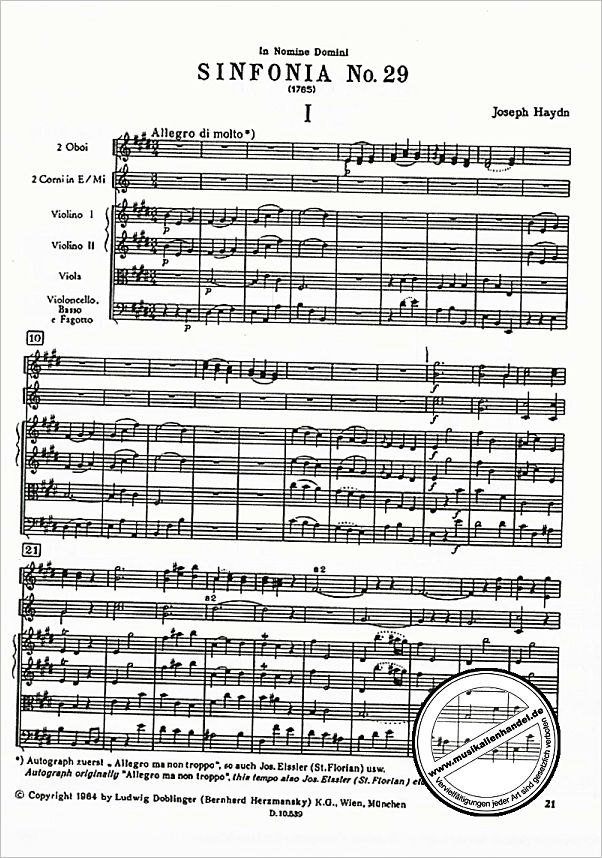 Notenbild für DM 229-P - SINFONIE 29 E-DUR HOB 1:29