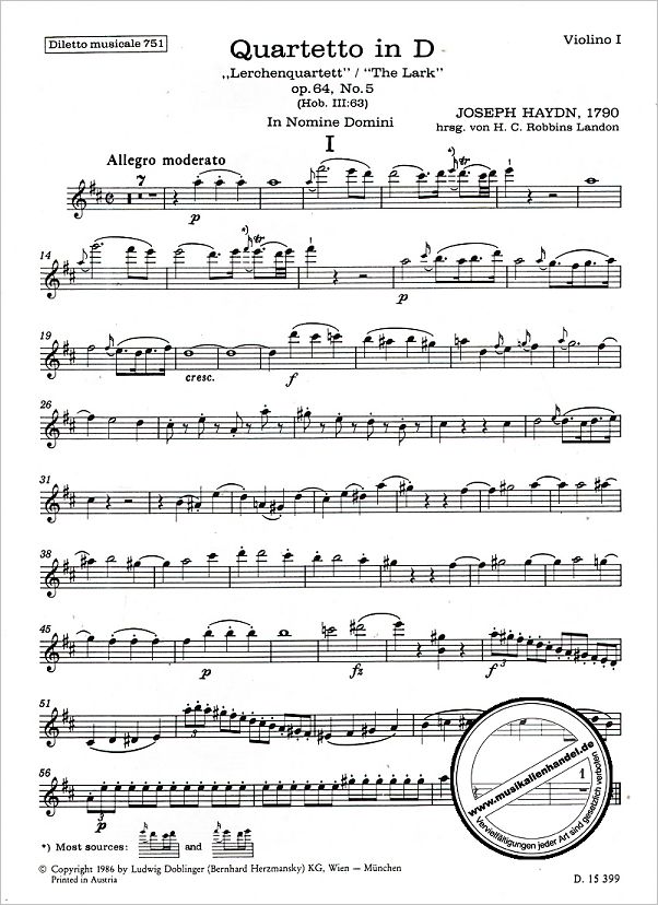 Notenbild für DM 751 - QUARTETT D-DUR OP 64/5 HOB 3/63 (LERCHEN)