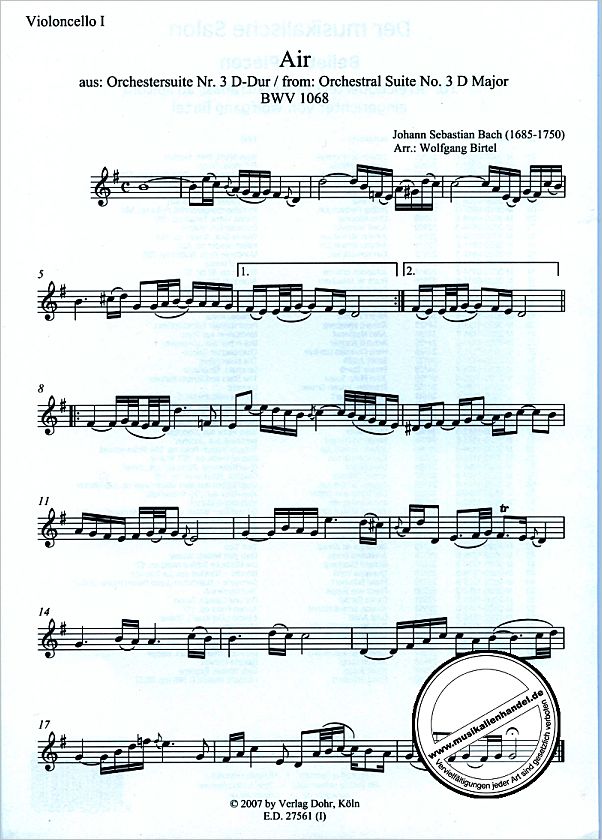 Notenbild für DOHR 27561 - AIR (ORCHESTERSUITE 3 D-DUR BWV 1068)