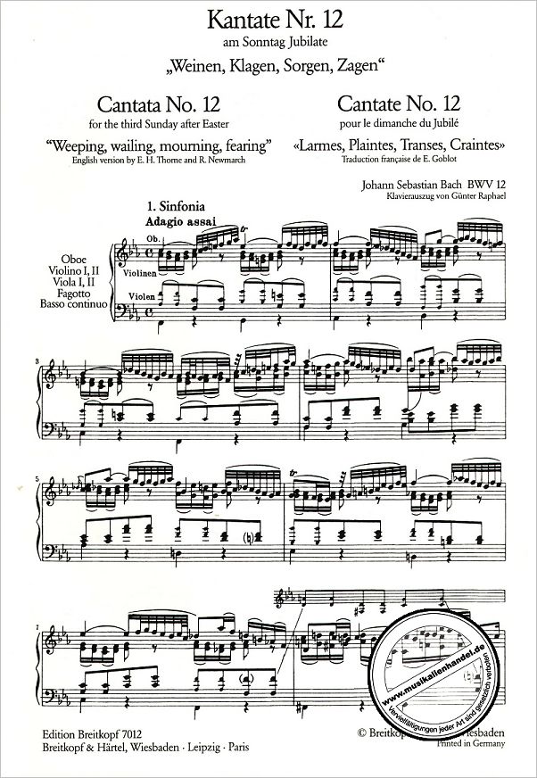 Notenbild für EB 7012 - KANTATE 12 WEINEN KLAGEN SORGEN ZAGEN BWV 12