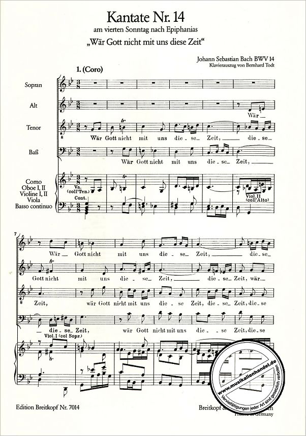 Notenbild für EB 7014 - KANTATE 14 WAER GOTT NICHT MIT UNS DIESE ZEIT BWV 14