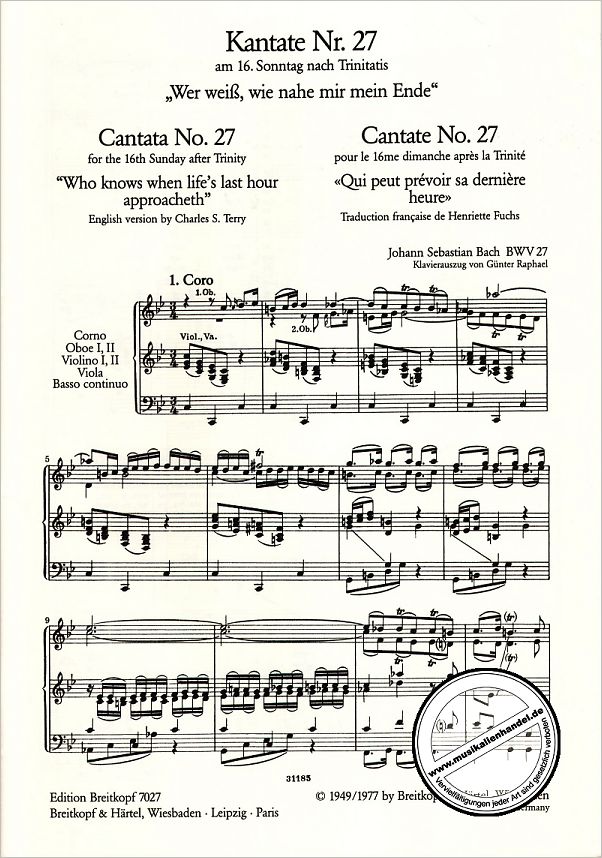 Notenbild für EB 7027 - KANTATE 27 WER WEISS WIE NAHE MIR MEIN ENDE BWV 27