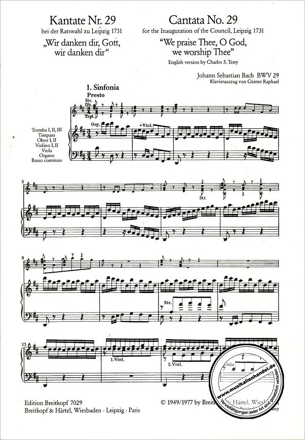 Notenbild für EB 7029 - KANTATE 29 WIR DANKEN DIR GOTT WIR DANKEN DIR BWV 29