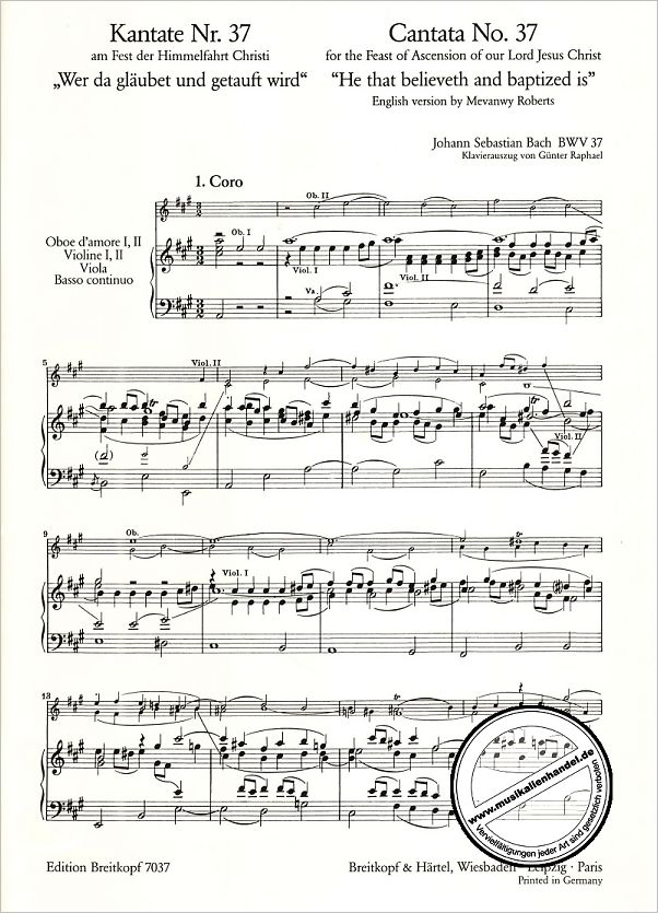 Notenbild für EB 7037 - KANTATE 37 WER DA GLAEUBET UND GETAUFT WIRD BWV 37