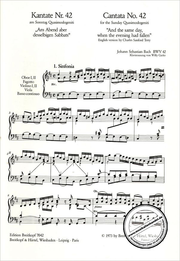 Notenbild für EB 7042 - KANTATE 42 AM ABEND ABER DESSELBIGEN SABBATS BWV 42