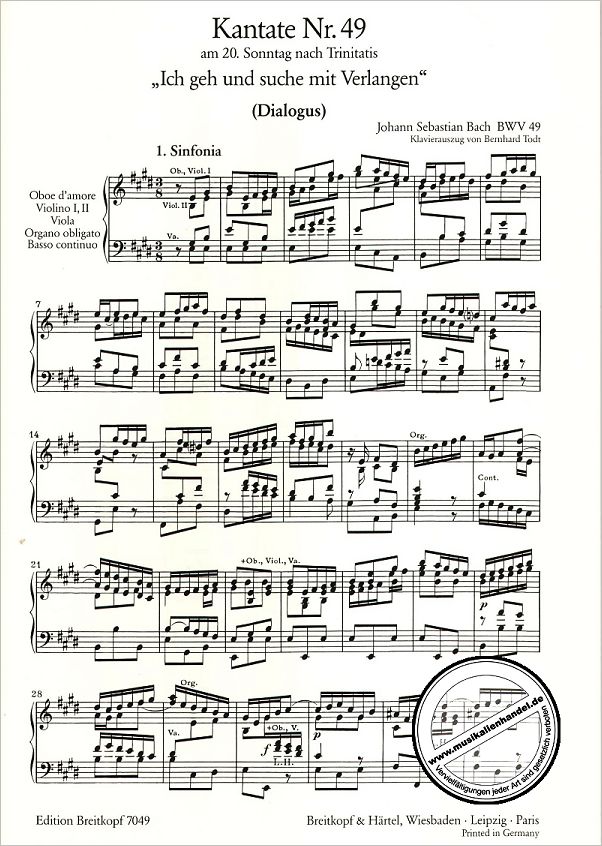 Notenbild für EB 7049 - KANTATE 49 ICH GEH UND SUCHE MIT VERLANGEN BWV 49