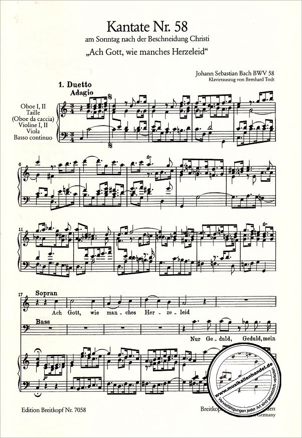 Notenbild für EB 7058 - KANTATE 58 ACH GOTT WIE MANCHES HERZELEID BWV 58
