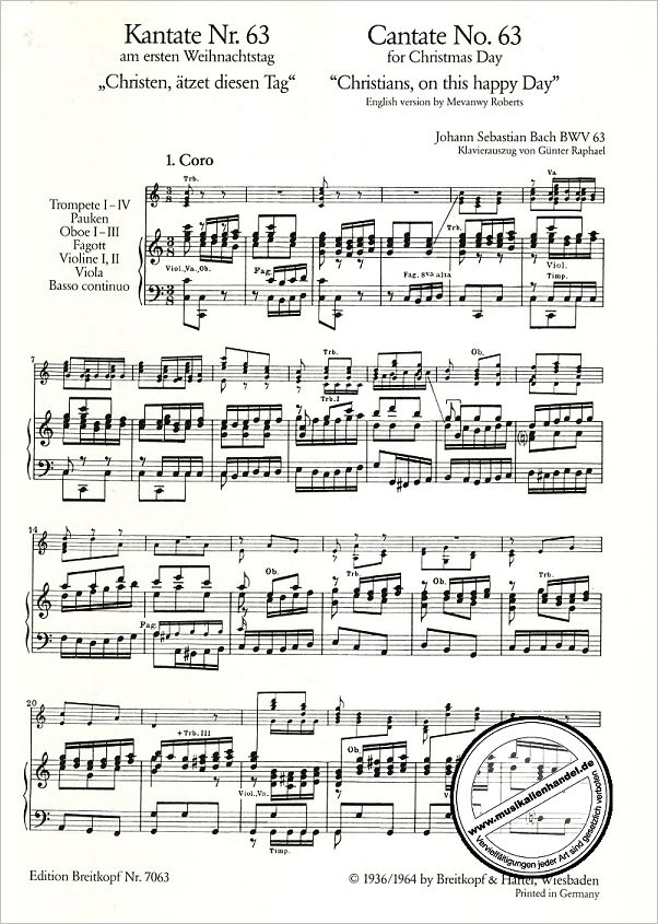 Notenbild für EB 7063 - KANTATE 63 CHRISTEN AETZET DIESEN TAG BWV 63