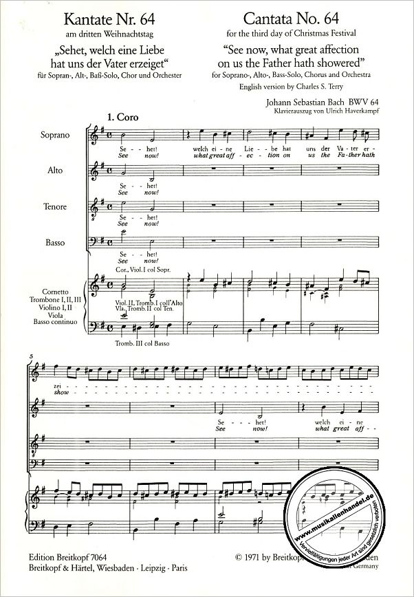 Notenbild für EB 7064 - KANTATE 64 SEHET WELCH EINE LIEBE HAT UNS DER VATER ERZEIGET BWV 