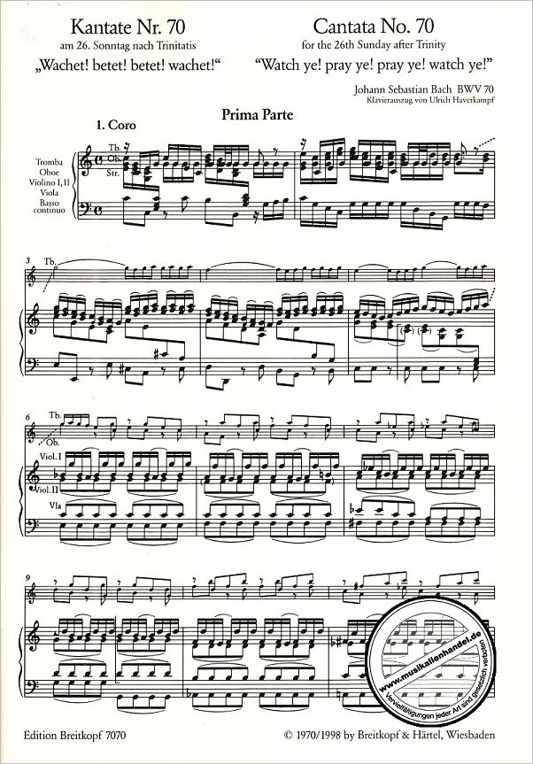 Notenbild für EB 7070 - KANTATE 70 WACHET BETET BETET WACHET BWV 70