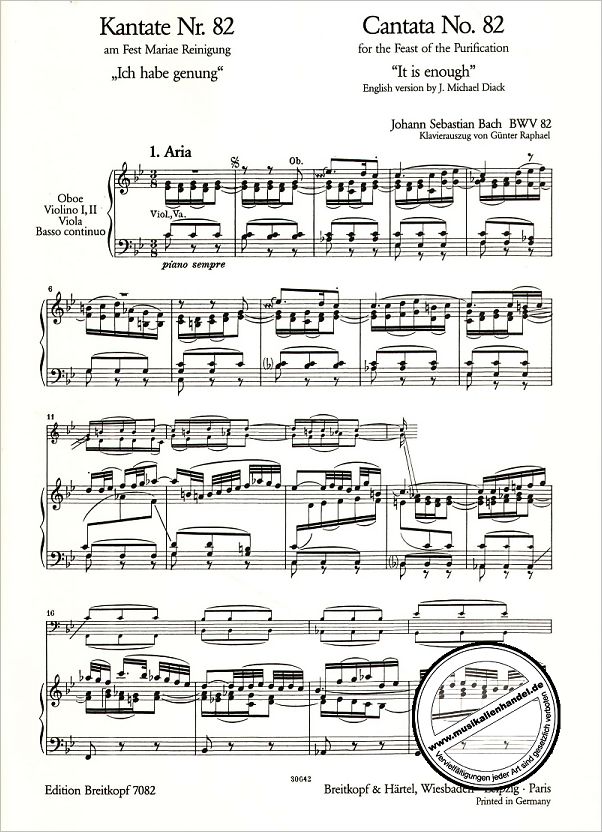 Notenbild für EB 7082 - KANTATE 82 ICH HABE GENUG BWV 82
