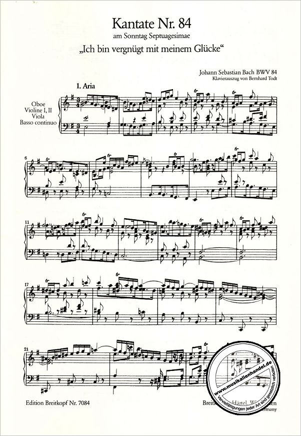 Notenbild für EB 7084 - KANTATE 84 ICH BIN VERGNUEGT MIT MEINEM GLUECKE BWV 84