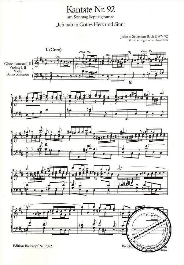 Notenbild für EB 7092 - KANTATE 92 ICH HAB IN GOTTES HERZ UND SINN BWV 92