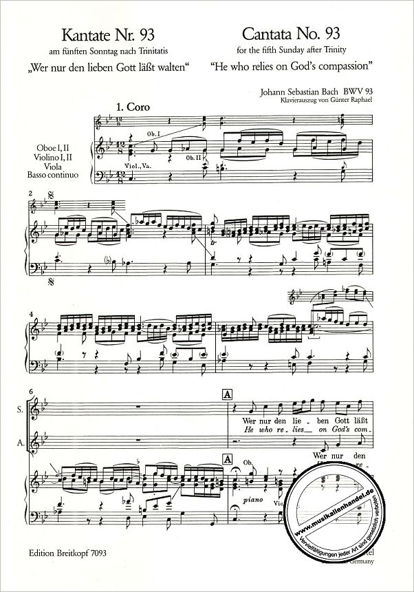 Notenbild für EB 7093 - KANTATE 93 WER NUR DEN LIEBEN GOTT LAESST WALTEN BWV 93