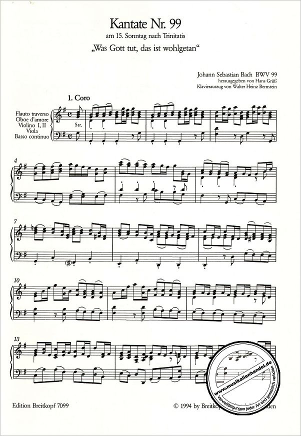 Notenbild für EB 7099 - KANTATE 99 WAS GOTT TUT DAS IST WOHLGETAN BWV 99