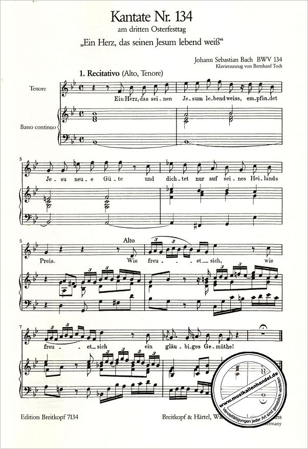Notenbild für EB 7134 - KANTATE 134 EIN HERZ DAS SEINEN JESUM LEBEND WEISS BWV 134