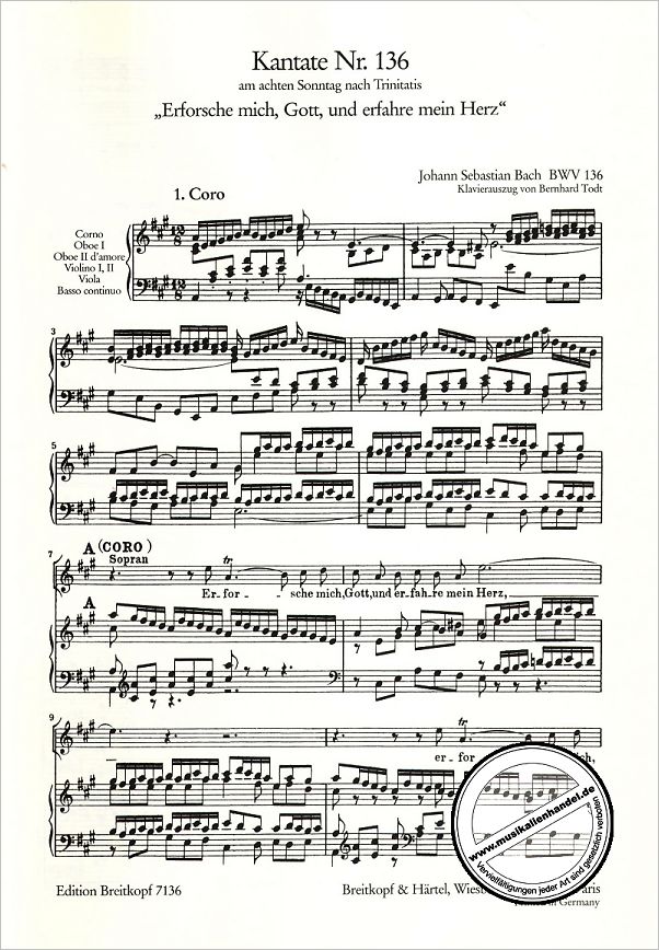 Notenbild für EB 7136 - KANTATE 136 ERFORSCHE MICH GOTT UND ERFAHRE MEIN HERZ BWV 136