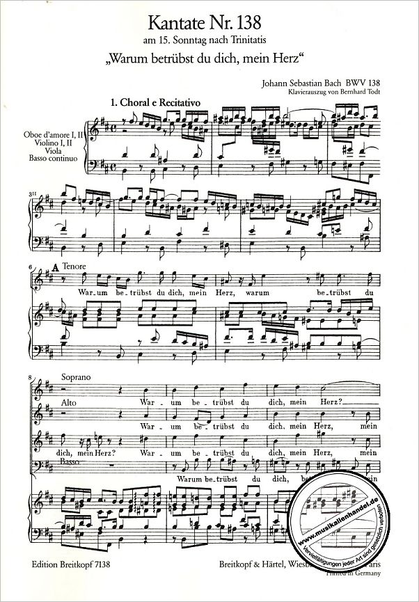 Notenbild für EB 7138 - KANTATE 138 WARUM BETRUEBST DU DICH MEIN HERZ BWV 138