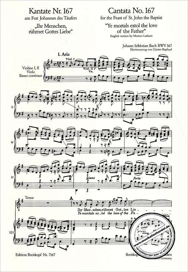 Notenbild für EB 7167 - KANTATE 167 IHR MENSCHEN RUEHMET GOTTES LIEBE BWV 167