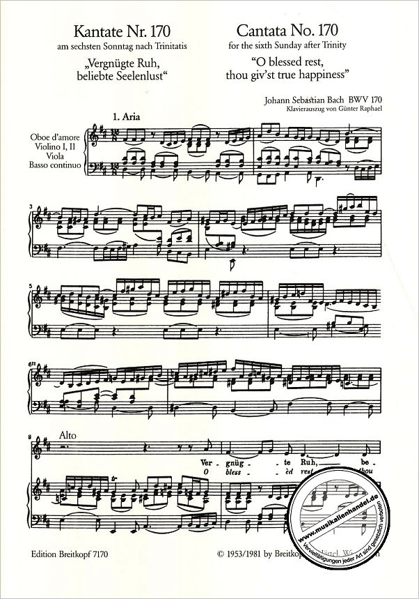 Notenbild für EB 7170 - KANTATE 170 VERGNUEGTE RUH BELIEBTE SEELENLUST BWV 170