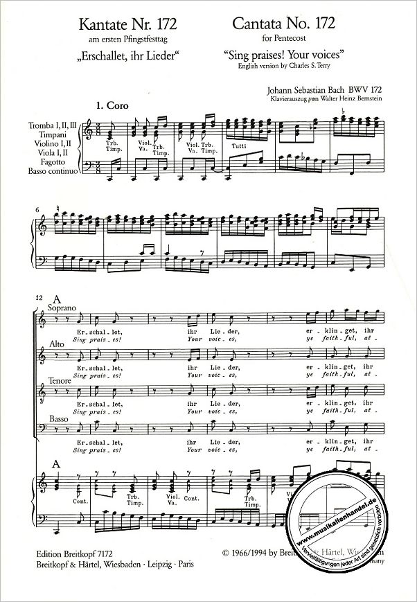 Notenbild für EB 7172 - KANTATE 172 ERSCHALLET IHR LIEDER BWV 172