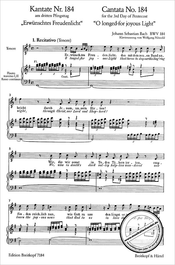 Notenbild für EB 7184 - KANTATE 184 ERWUENSCHTES FREUDENLICHT BWV 184