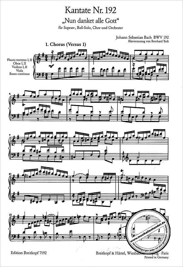 Notenbild für EB 7192 - KANTATE 192 NUN DANKET ALLE GOTT BWV 192