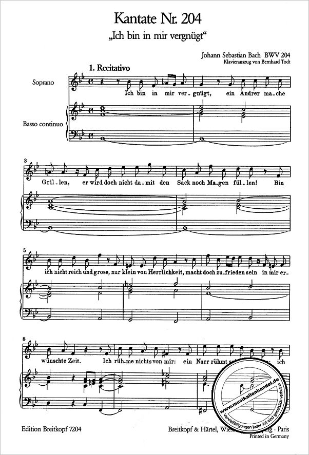 Notenbild für EB 7204 - KANTATE 204 ICH BIN IN MIR VERGNUEGT BWV 204