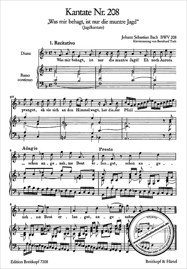 Notenbild für EB 7208 - KANTATE 208 WAS MIR BEHAGT IST NUR DIE MUNTRE JAGD BWV 208