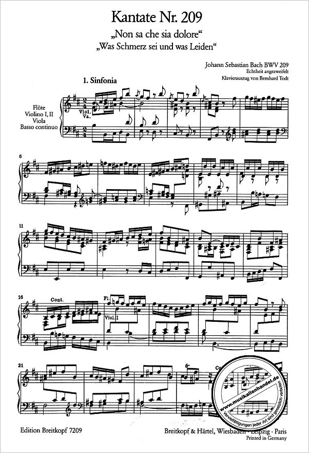 Notenbild für EB 7209 - KANTATE 209 NON SA CHE SIA DOLORE BWV 209 (WAS SCHMERZ SEI UNS WA
