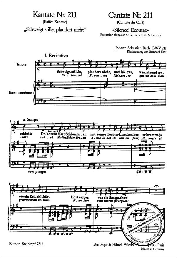 Notenbild für EB 7211 - KANTATE 211 SCHWEIGT STILLE PLAUDERT NICHT BWV 211