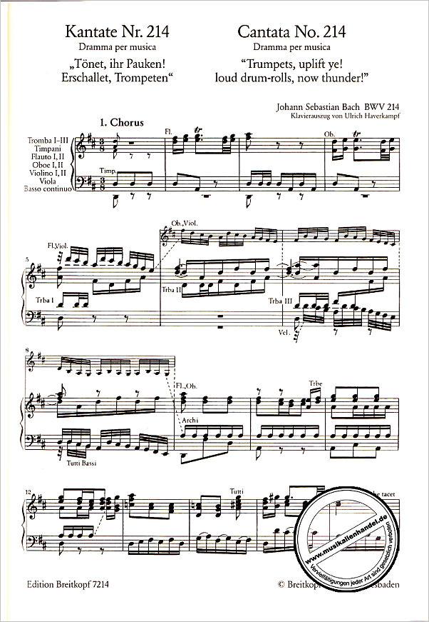 Notenbild für EB 7214 - KANTATE 214 TOENET IHR PAUKEN ERSCHALLET TROMPETEN BWV 214