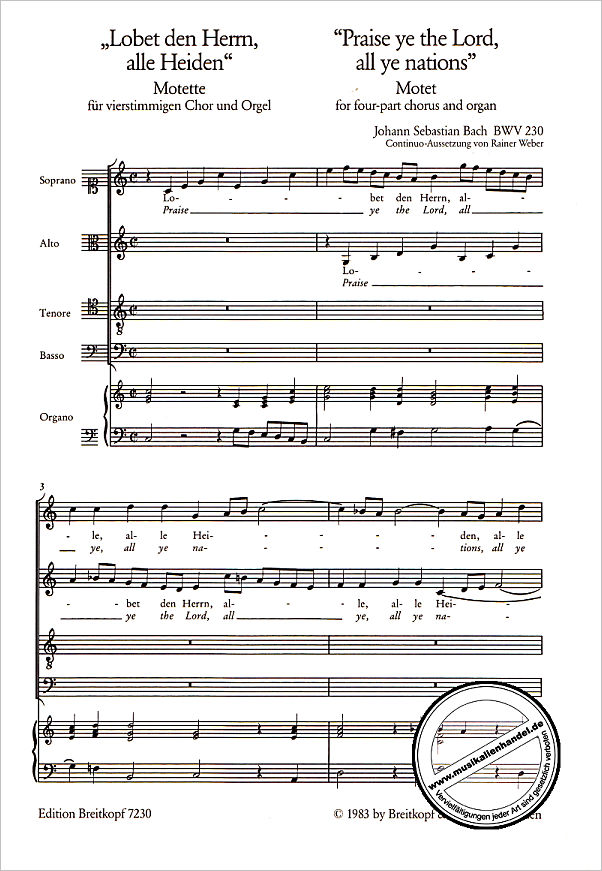 Notenbild für EB 7230 - LOBET DEN HERRN ALLE HEIDEN BWV 230