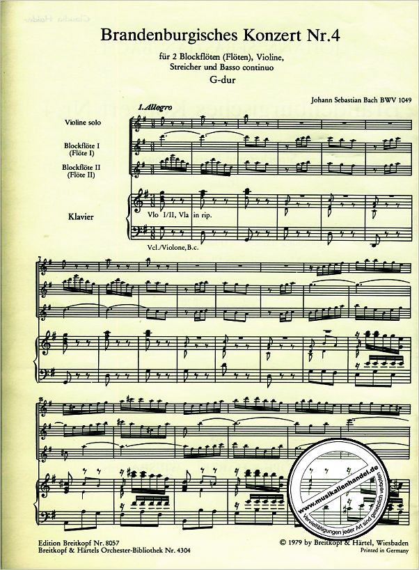 Notenbild für EB 8057 - BRANDENBURGISCHES KONZERT 4 G-DUR BWV 1049