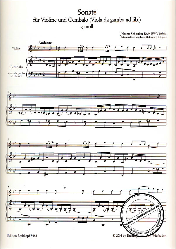 Notenbild für EB 8452 - SONATE G-MOLL BWV 1030A