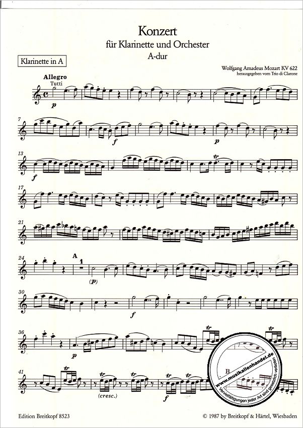 Notenbild für EB 8523 - KONZERT A-DUR KV 622