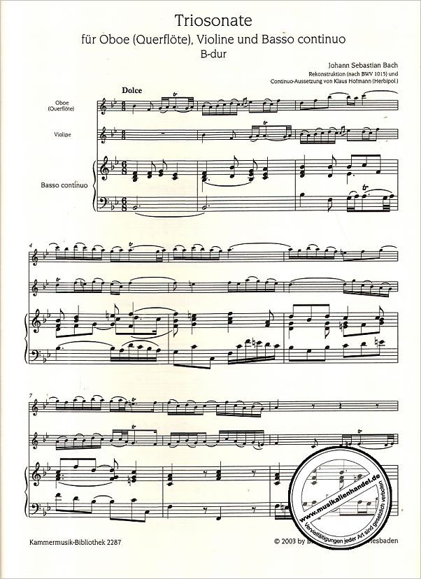 Notenbild für EBKM 2287 - SONATE B-DUR NACH BWV 1015