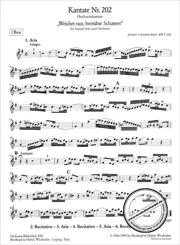 Notenbild für EBOB 4702-OB - KANTATE 202 WEICHET NUR BETRUEBTE SCHATTEN BWV 202