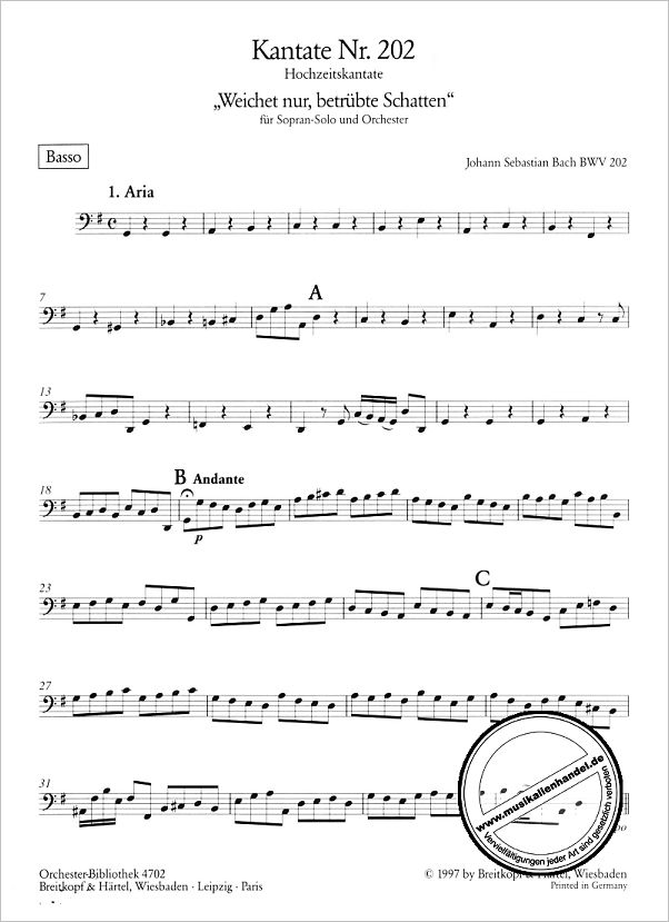 Notenbild für EBOB 4702-VC - KANTATE 202 WEICHET NUR BETRUEBTE SCHATTEN BWV 202