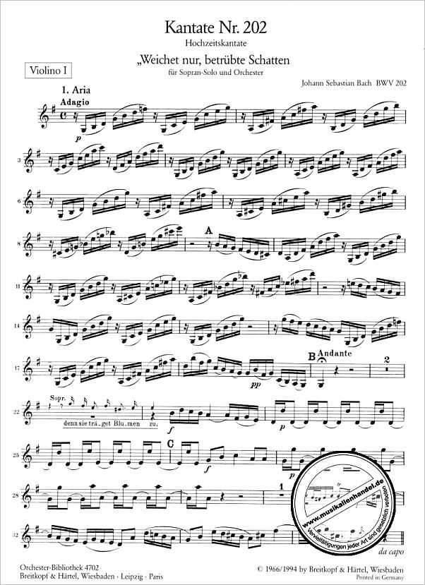 Notenbild für EBOB 4702-VL1 - KANTATE 202 WEICHET NUR BETRUEBTE SCHATTEN BWV 202