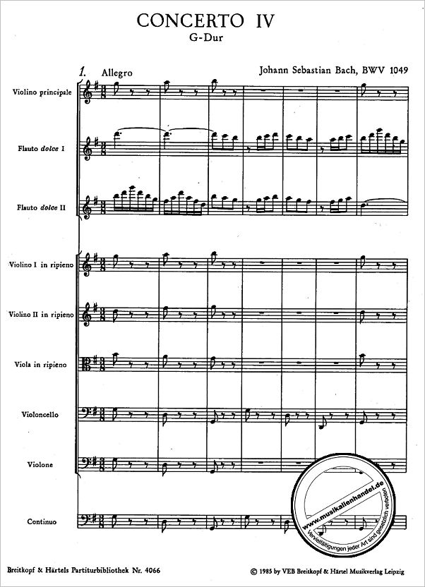 Notenbild für EBPB 4066 - BRANDENBURGISCHES KONZERT 4 G-DUR BWV 1049