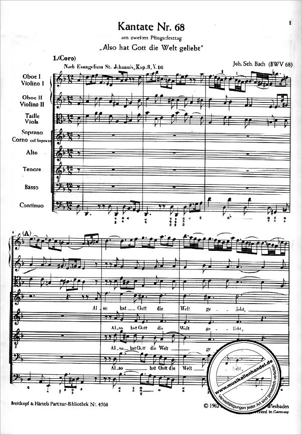 Notenbild für EBPB 4568 - KANTATE 68 ALSO HAT GOTT DIE WELT GELIEBT BWV 68