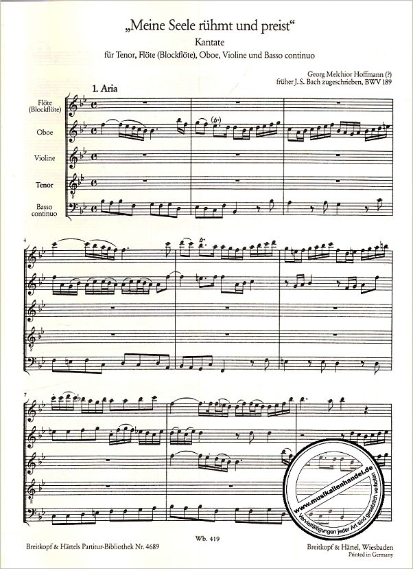 Notenbild für EBPB 4689 - KANTATE 189 MEINE SEELE RUEHMT UND PREIST BWV 189