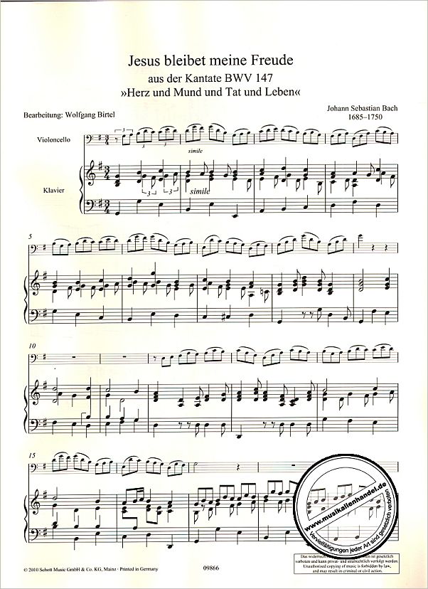 Notenbild für ED 09866 - JESUS BLEIBET MEINE FREUDE (KANTATE BWV 147)