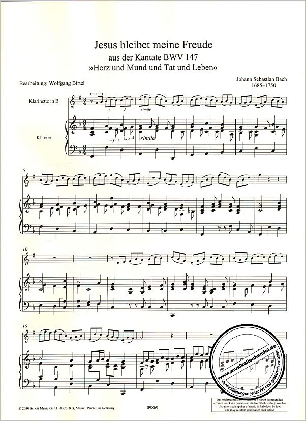 Notenbild für ED 09869 - JESUS BLEIBET MEINE FREUDE (KANTATE BWV 147)