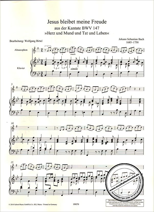 Notenbild für ED 09870 - JESUS BLEIBET MEINE FREUDE (KANTATE BWV 147)