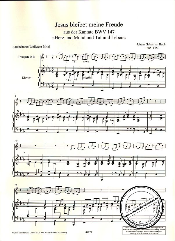 Notenbild für ED 09871 - JESUS BLEIBET MEINE FREUDE (KANTATE BWV 147)